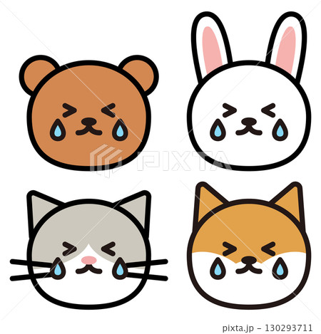泣いているくま、うさぎ、ネコ、柴犬の顔のシンプルイラスト 泣いているくま、うさぎ、ネコ、柴犬の顔のシンプルイラスト 130293711