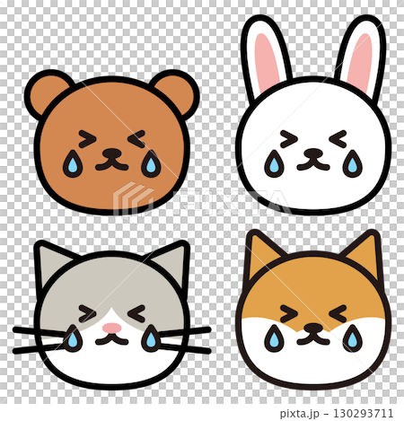 泣いているくま、うさぎ、ネコ、柴犬の顔のシンプルイラスト 泣いているくま、うさぎ、ネコ、柴犬の顔のシンプルイラスト 130293711