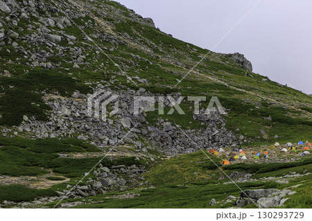 木曽駒ヶ岳の山岳テント場と緑豊かな夏の風景 木曽駒ヶ岳の山岳テント場と緑豊かな夏の風景 130293729