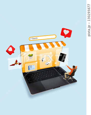 Creative graphic artwork. Man in chair shopping online on laptop with holographic storefront icons 130293877