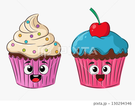 Cupcakes. Two cartoon funny cupcakes. Multicolored cupcakes with cream and cherry. Dessert. Baked goods Cupcakes. Two cartoon funny cupcakes. Multicolored cupcakes with cream and cherry. Dessert. Baked goods 130294346