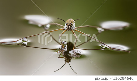 An Extreme Close Up of a Water Strider with Water Droplets 130294646