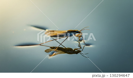 An Elegant Water Strider with a Golden Glow and Reflection 130294647