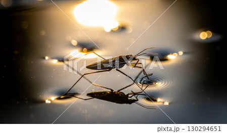A Macro Shot of a Water Strider on a Pond with Sunset Bokeh 130294651
