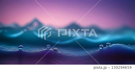 Abstract water droplets resting on serene waves with a stunning gradient sky background 130294659