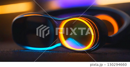 Modern neon glasses with vibrant glowing rings, futuristic tech design for immersive experience 130294660