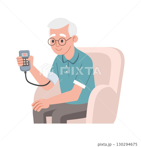 Senior man with a tonometer. Man sitting in armchair and measuring blood pressure. Illustration. Senior man with a tonometer. Man sitting in armchair and measuring blood pressure. Illustration. 130294675