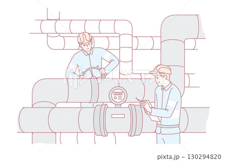Workers in uniform inspect pipes and tubes Workers in uniform inspect pipes and tubes 130294820
