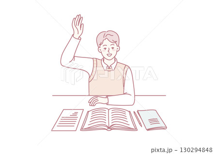Smart active schoolboy raise hand Smart active schoolboy raise hand 130294848