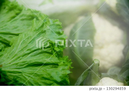Fresh green cabbage leaf in shallow depth of field and in mist of sprayed water from humidifier. Out of focus white broccoli in background. Storage and sale of fresh greens Fresh green cabbage leaf in shallow depth of field and in mist of sprayed water from humidifier. Out of focus white broccoli in background. Storage and sale of fresh greens 130294859