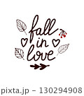 Fall Autumn lettering fall in love. Illustration with autumn leaves isolated on white background. Season typography poster, welcome Fall sign farmhouse banner. Autumn greeting card. 130294908