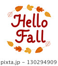 Vector autumn quote Hello Fall with autumn leaves isolated on white background. Season typography poster, welcome Fall sign farmhouse banner. Autumn greeting card. 130294909