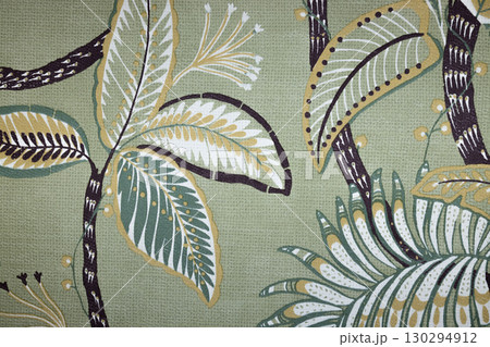 Tropical Botanical Leaf Pattern on Sage Green, Stylized Foliage Fabric Wallpaper 130294912