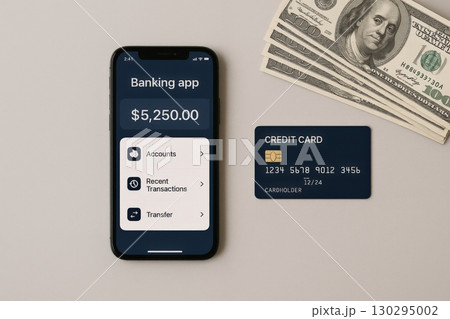 Banking app displays account balance with cash and credit card on a table in a modern setting during daylight 130295002