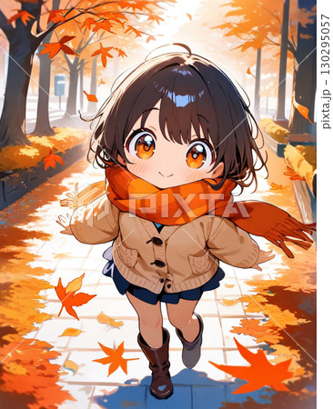 秋の風景と女の子が紅葉を見つめるイラスト 130295057