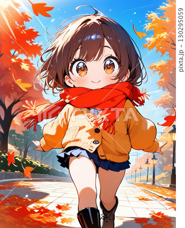 秋の風景と女の子が紅葉を見つめるイラスト 130295059