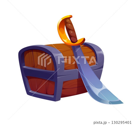 Cartoon wooden pirate treasure chest with metallic frame and curved pirate sword resting on top. Isolated vector loot trunk evokes themes of hidden riches, adventure, and nautical swashbuckling lore 130295401