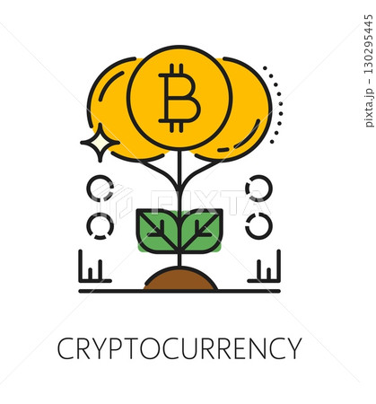 Investment in cryptocurrency, business color line icon or label. Cryptocurrency trade and investment outline vector icon, blockchain technology outline symbol or sign with Bitcoin golden coin plant Investment in cryptocurrency, business color line icon or label. Cryptocurrency trade and investment outline vector icon, blockchain technology outline symbol or sign with Bitcoin golden coin plant 130295445
