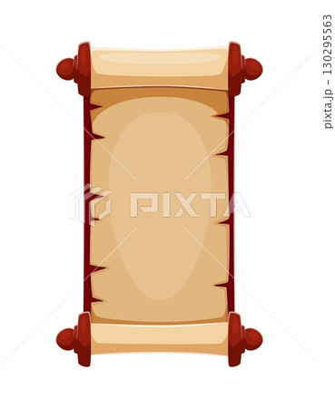 Vintage medieval manuscript scroll Caribbean pirates or corsairs game icon. Cartoon vector blank parchment with wooden rollers and blank aged paper center, banner for treasure map or invitation 130295563