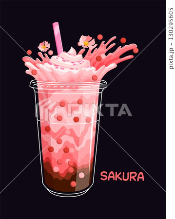Cartoon sakura milk bubble tea drink glass with splash. Takeout bubble tea beverage vector cup, fast food smoothie cup. Street cafe boba drink with sakura bloom flower, pink milk splash and straw Cartoon sakura milk bubble tea drink glass with splash. Takeout bubble tea beverage vector cup, fast food smoothie cup. Street cafe boba drink with sakura bloom flower, pink milk splash and straw 130295605