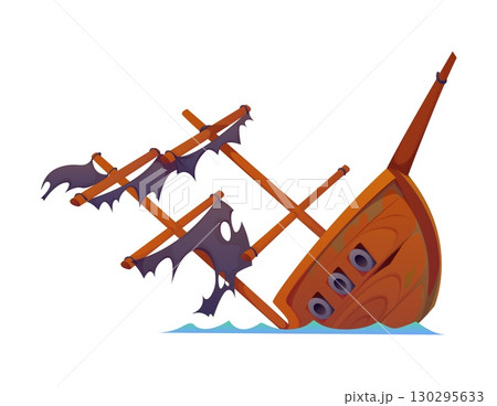 Cartoon half sunken pirate ship with tattered black sails and broken masts, leaning into the sea waves. Isolated vector vintage boat for fantasy game, nautical adventure, or treasure hunt quest 130295633