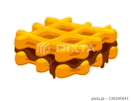 Fast food waffle dessert vintage Y2K sticker or symbol. Takeout menu sweets funky isolated vector tag, takeaway restaurant sticker. Street food meal label with belgian waffles and chocolate topping 130295641