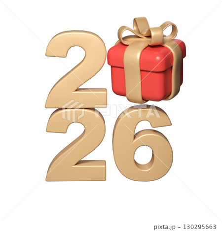Golden 2026 numeral glimmering beside wrapped red gift box, adorned with shiny ribbon background on transparent golden 130295663