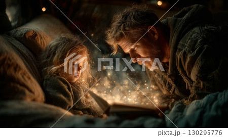 Father and daughter reading a magic book at night 130295776