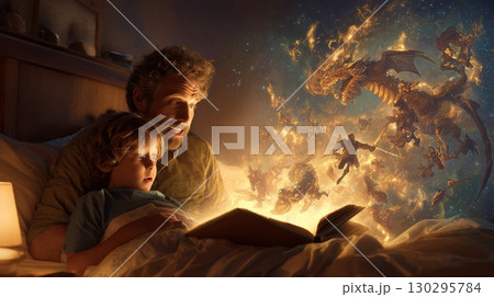 Father and son reading a fantasy book with dragons and warriors emerging from its pages Father and son reading a fantasy book with dragons and warriors emerging from its pages 130295784