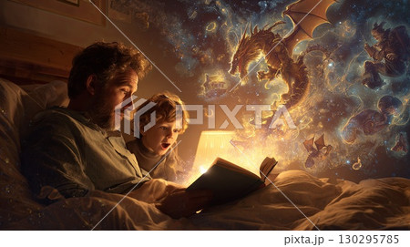 Father and son reading a fantasy book at bedtime unleashing magical adventures Father and son reading a fantasy book at bedtime unleashing magical adventures 130295785