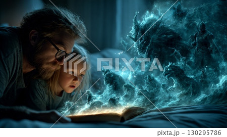 Father and daughter reading a fantasy book at bedtime unleashing magical creatures Father and daughter reading a fantasy book at bedtime unleashing magical creatures 130295786