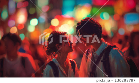 日本の夜の繁華街を歩く幸せなカップル 130295797