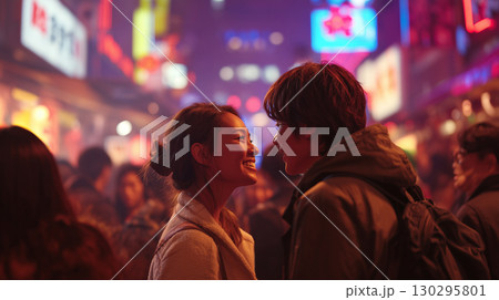 日本の夜の繁華街を歩く幸せなカップル 日本の夜の繁華街を歩く幸せなカップル 130295801