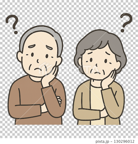 Illustration of a thoughtful elderly couple (doubts, worries, anxiety) 130296012