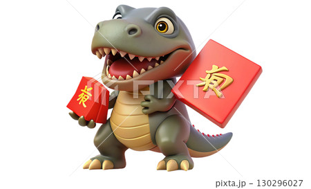 Giganotosaurus on the Chinese theme, isolated on a transparent background PNG, full size, cute cartoon. 130296027