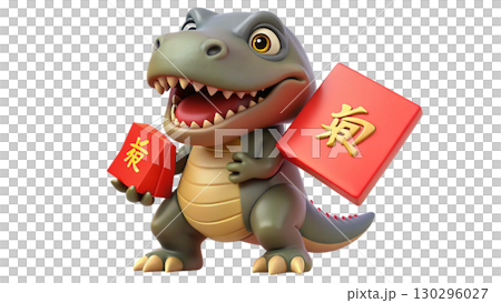 Giganotosaurus on the Chinese theme, isolated on a transparent background PNG, full size, cute cartoon. 130296027