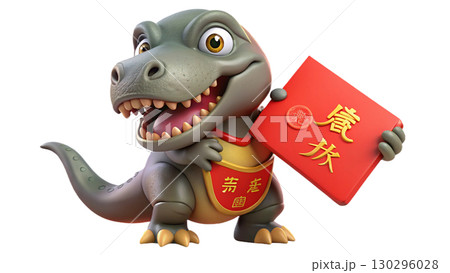 Giganotosaurus on the Chinese theme, isolated on a transparent background PNG, full size, cute cartoon. 130296028