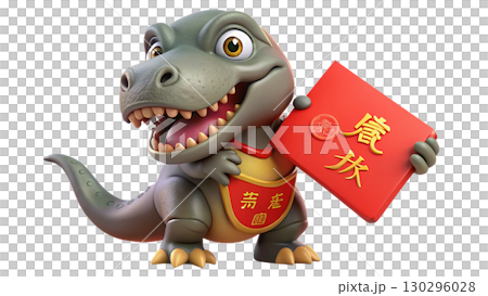 Giganotosaurus on the Chinese theme, isolated on a transparent background PNG, full size, cute cartoon. 130296028