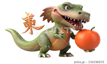 Giganotosaurus on the Chinese theme, isolated on a transparent background PNG, full size, cute cartoon. 130296035