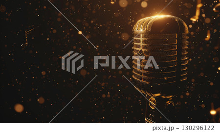 Vintage Microphone with Musical Notes Bokeh 130296122