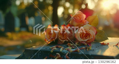Colorful rose bouquet on tombstone at sunset 130296162