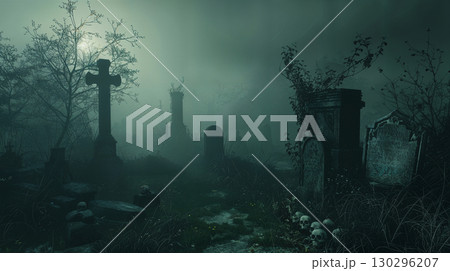 Eerie graveyard at night with fog and tombstones Eerie graveyard at night with fog and tombstones 130296207