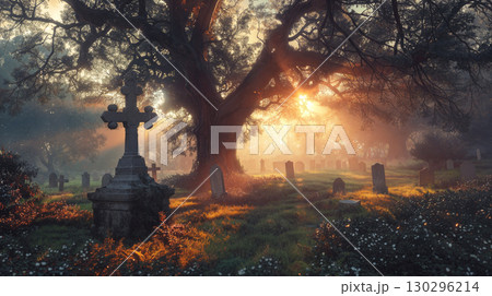 Serene cemetery at sunrise with glowing sunbeams and historic gravestones 130296214