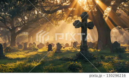 Serene cemetery at sunrise with sunbeams illuminating tombstones Serene cemetery at sunrise with sunbeams illuminating tombstones 130296216
