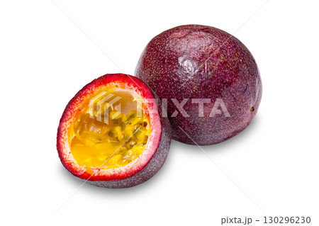 Ripe sweet juicy passion fruit or passionfruit isolated on white background. Ripe sweet juicy passion fruit or passionfruit isolated on white background. 130296230