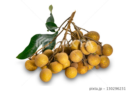 Bunch of longan with green leaves isolated on white background. 130296231