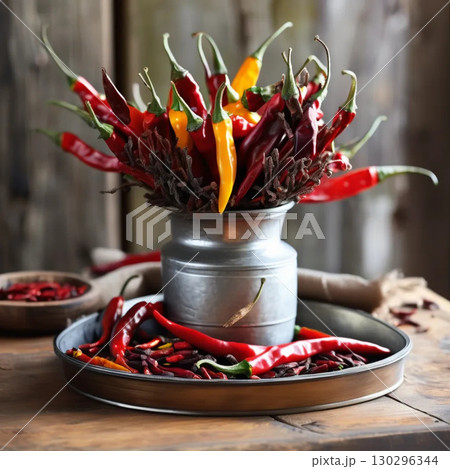 hot chili peppers on a wooden background hot chili peppers on a wooden background 130296344