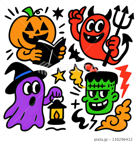 Halloween pumpkin reading book, red devil, purple ghost with lantern, green monster Halloween pumpkin reading book, red devil, purple ghost with lantern, green monster 130296412