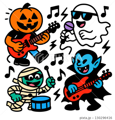 Halloween band cartoon pumpkin head ghost mummy vampire playing music joyful colorful 130296416