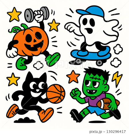 Pumpkin lifting dumbbell, ghost skateboarding, black cat playing basketball, green monster 130296417